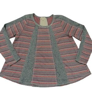 Umgee Mixed Media Top Women Medium Grey Orange Tribal Geometric Knit Excellent